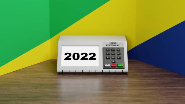 renderização 3d, máquina eletrônica de votação com cores de bandeira brasileira no fundo, número 2022 na tela e escritos dizendo em português: "branco", "correto", "confirmar" e "urna eleitoral" - urna eletrônica - fotografias e filmes do acervo