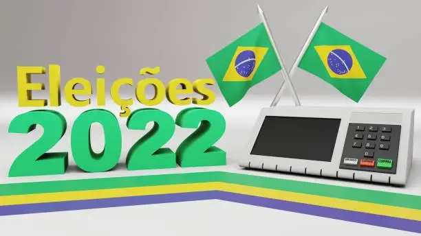3d rendering of 3d letters saying in portuguese "elections 2022", with flags of Brazil and electronic ballot box with buttons saying "white", "correct" and "confirm", Brazil 2022 elections.