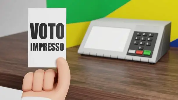 3d rendering of hand holding paper saying in portuguese: "print vote", with brazilian electronic voting machine in background and Brazil flag colors.