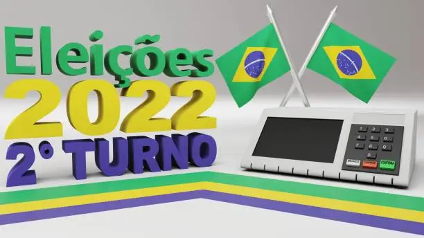 3d rendering of letters saying in portuguese "elections 2022 2nd round", with Brazil flags and electronic ballot box with buttons saying "white","correct" and "confirm",Brazil 2022 elections 2nd round