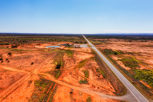Roadhouse at Little Topar on A32 Barrier highway near Broken Hill silver mining city of Australian outback - aerial landscape.