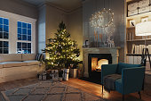 Cozy Living Room With Fireplace At Christmas Night