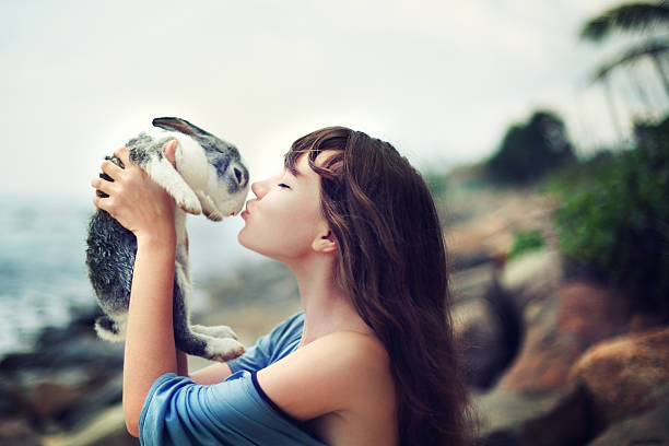 Young woman with rabbit stock photo