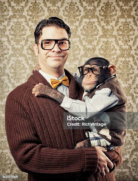Nerd With A Chimp Stock Photo - Download Image Now - Men, Eccentric, Ape