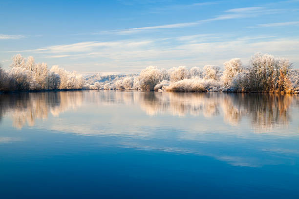 istock Frozen Winter Landscape with Trees Reflecting in River at Sunrise 143177083