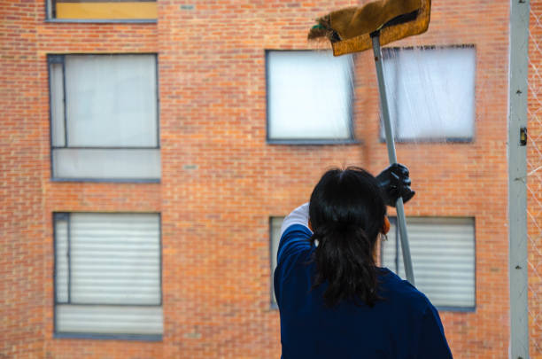 Housemaid cleaning the windows