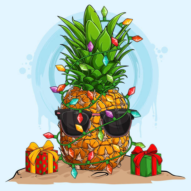 Funny Christmas Pineapple in sunglasses and surrounded by Christmas tree lights and gifts Funny Christmas Pineapple in sunglasses and surrounded by Christmas tree lights and gifts red spectacles stock illustrations