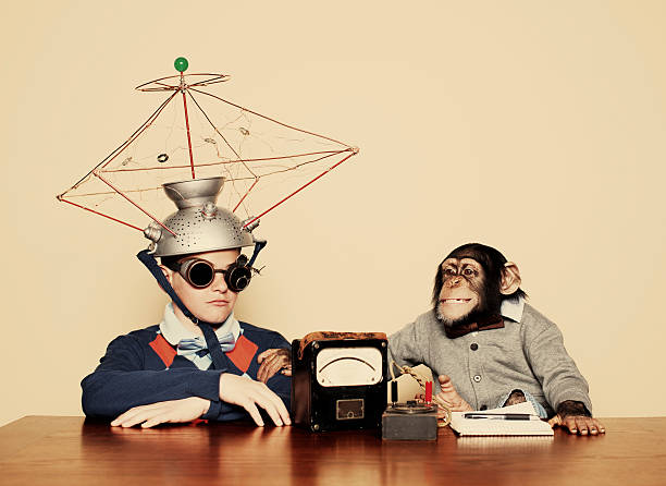jovem rapaz e chimpanzé conduta mente experiência de leitura - play the ape imagens e fotografias de stock
