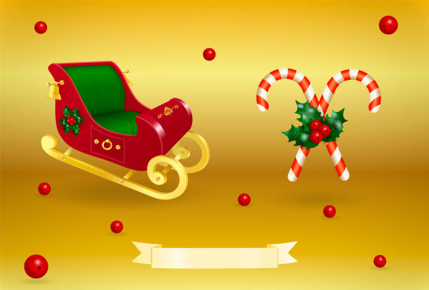 illustrazioni stock, clip art, cartoni animati e icone di tendenza di slitta giocattolo vuota di colore rosso dorato di babbo natale e caramelle di canna a strisce con barries di agrifoglio volanti o cadenti su sfondo sfumato dorato. natale e capodanno design 3d realistico. - falling candy christmas candy cane