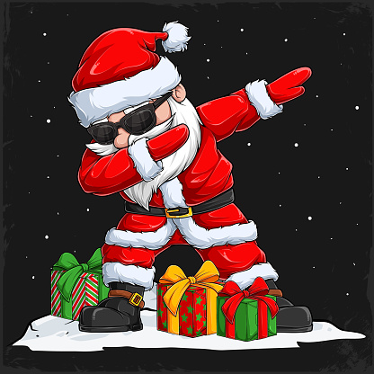 Christmas Santa Claus character doing dabbing dance with sunglasses and gifts on his sides