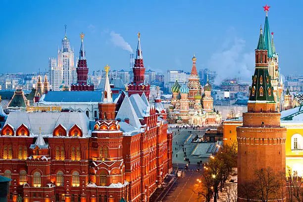 Historical Museum, St.Basil Cathedral, Red Square, Kremlin in Moscow. View from top of the Ritz-Carlton hotel.