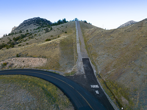 Aerial drone photograpg of a runaway truck ramp in the Bighorn Mountains. Photographed near Lovell, Wyoming on Highway 14.