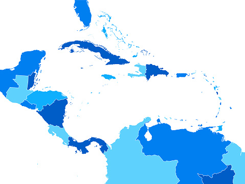 Central America and the Caribbean High detailed Blue map with Regions
