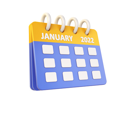 3D render Calendar Yellow and Blue Color January 2022, Event Day, Holiday Plan, Appointment Day (isolated on white and clipping path)