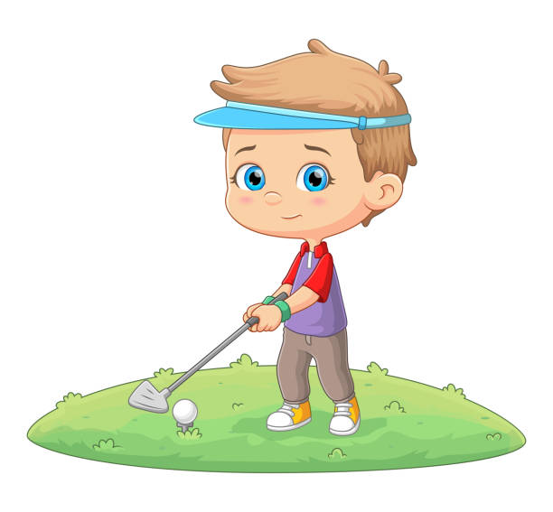 ilustrações de stock, clip art, desenhos animados e ícones de the cool boy is playing golf in the golf course and ready to hit - golf child sport humor
