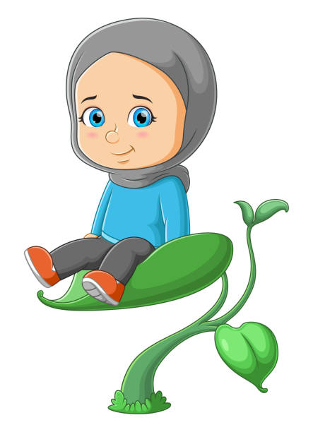 The cute girl is sitting on the big leaf and posing with the happy expression The cute girl is sitting on the big leaf and posing with the happy expression of illustration cartoon of muslim costume stock illustrations