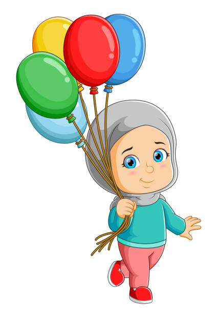 The happy girl is walking with many colorful balloons on the hand The happy girl is walking with many colorful balloons on the hand of illustration cartoon of muslim costume stock illustrations