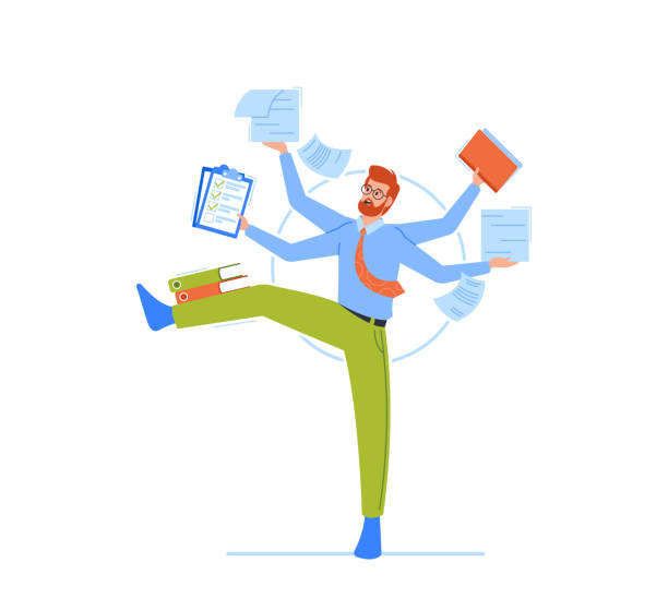 ilustrações de stock, clip art, desenhos animados e ícones de skillful businessman with many hands juggling with office supplies. productivity, productive manager busy work - juggling