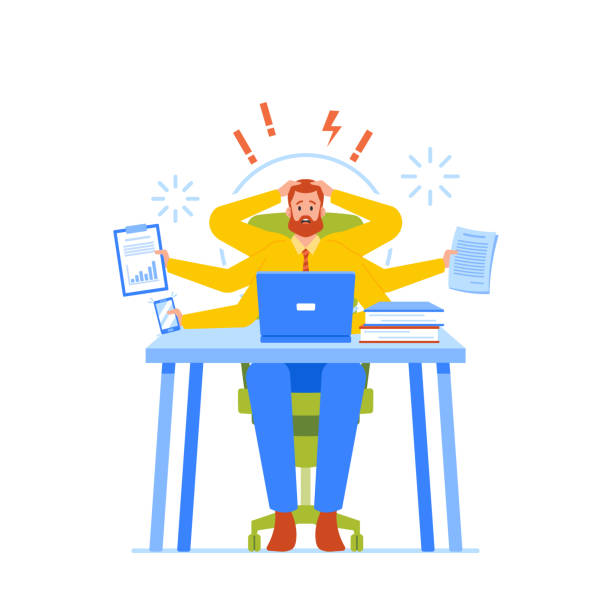 ilustrações, clipart, desenhos animados e ícones de homem de negócios ansioso com muitos braços sentado no laptop no escritório fazendo muitas tarefas ao mesmo tempo, habilidades multitarefa - god office cartoon computer