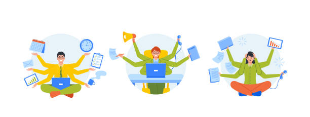 zestaw pracowników z wieloma ramionami siedzi przy laptopie w biurze, wykonując wiele zadań jednocześnie. produktywność, wielozadaniowość - god office cartoon computer stock illustrations