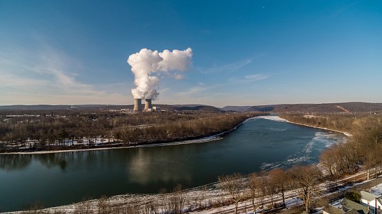 Nuclear power generation plant in Pennsylvania on a sunny winter day.