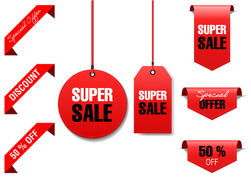 Super Sale written red price tag and banner set. Horizontal composition.