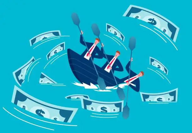 Vector illustration of The entrepreneurial spirit of adventure, the determination to conquer adversity, the determination to get out of difficulties and adversity, the businessman rowing together in the water falling into the money