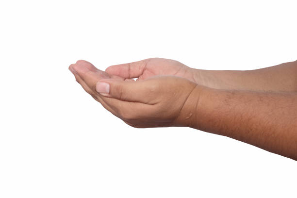 istock Empty palm of an asian man isolated on white background, praying or asking concept 1431824494