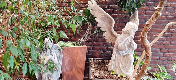 Angel statues in a cemetery chapel