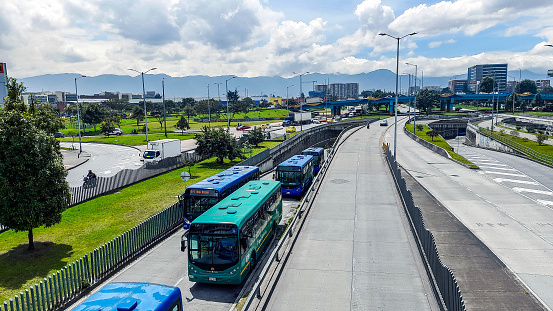 Street with highways and tunnels and bridges and buses in Bogota Colombia on October 4/2022