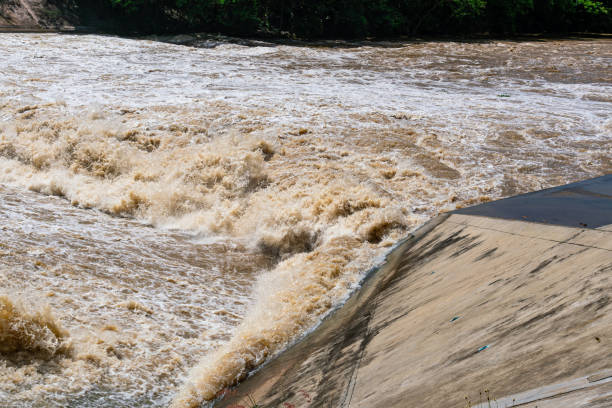 istock Muddy water streams rushing rapidly on a riverafter rain storm. 1431831495