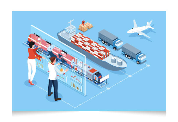 ilustrações de stock, clip art, desenhos animados e ícones de 3d isometric global logistics network concept with transportation operation service, export, import, cargo, air, road, maritime delivery. vector illustration eps 10 - export