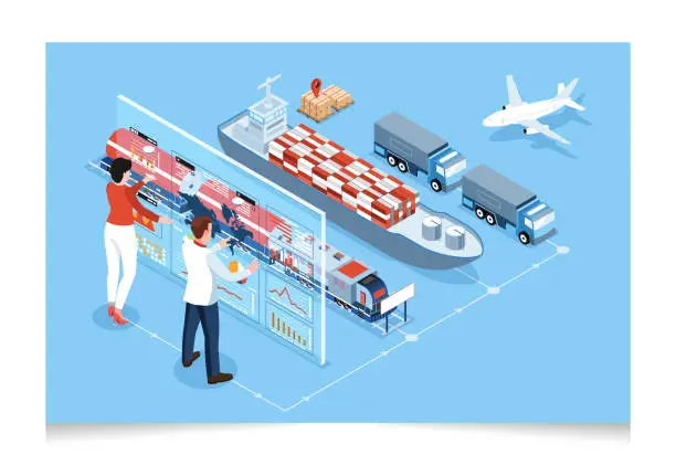 Vector illustration of 3D isometric Global logistics network concept with Transportation operation service, Export, Import, Cargo, Air, Road, Maritime delivery. Vector illustration EPS 10