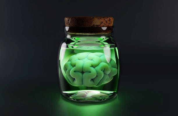 Brain in a glass jar Human brain in a glass jar floating in green fluid sealed with a weathered cork on a dark background brain jar stock pictures, royalty-free photos & images