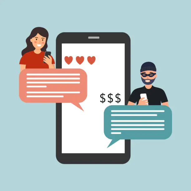 Vector illustration of Online dating scam on smartphone mobile app in flat design. Phone phishing.