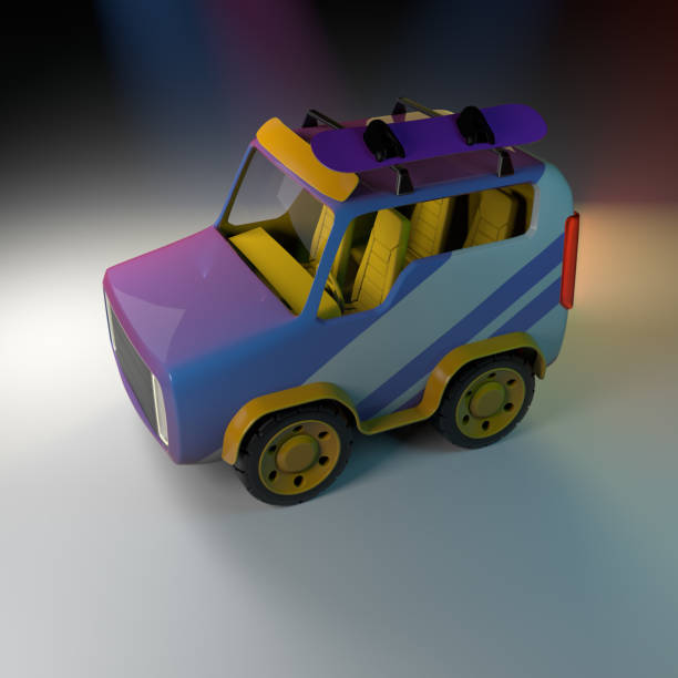 A purple 3D, cartoon, SUV created in Cinema 4D & rendered with Redshift. Including roof rack & snowboard.