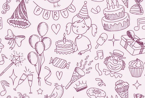 Vector illustration of Happy birthday hand drawn seamless pattern. Vector illustration of hand drawn doodle birthday seamless pattern for wallpapers, wrapping, textile prints, backgrounds
