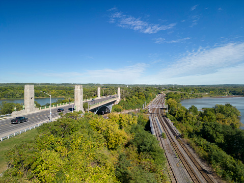 Aerial photo of McQuesten Bridge along with train tracks along the Burlington Bay coastline in Hamilton Ontario