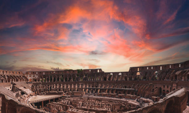 Panoramic inside the Colosseum and the Imperial Forums in Rome beautiful shot around the Colosseum. Panoramic inside the Colosseum and the Imperial Forums in Rome beautiful shot around the Colosseum. inside the colosseum stock pictures, royalty-free photos & images
