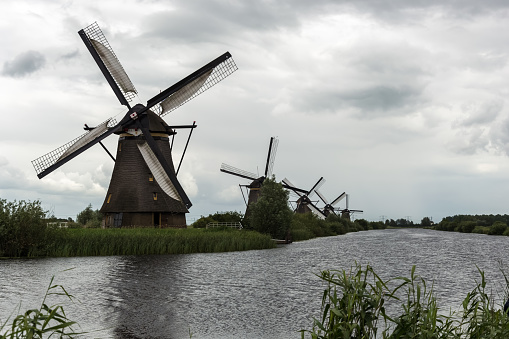 Springtime in Holland background photo with blossom and a windmill in the Dutch Betuwe area during a beautiful spring day.