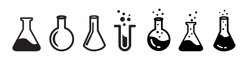 Test Tube Icons Set In Flat Style Vector Illustration. Erlenmeyer Flask, Science, Chemistry, Laboratory, Experiment, Chemical Lab Research and More.