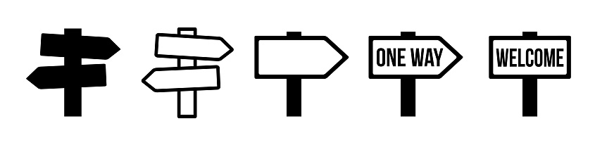 Signpost Icons Set In Flat Style Vector Illustration. Traffic Direction Board. Street Signpost, Direction Post, Road Sign Icons