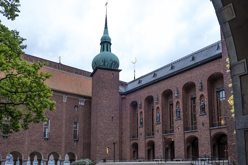 Architectural detail of Stockholm City Hall (Stockholms stadshus), seat of Stockholm Municipality in Stockholm, Sweden and venue of the Nobel Prize banquet and a major tourist attraction.
