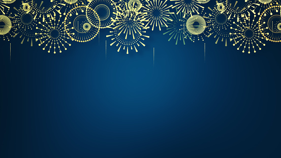 Happy New Year Abstract background with Golden fireworks. Bright on dark blue background, Flat style abstract, geometric design. Concept for holiday decor.