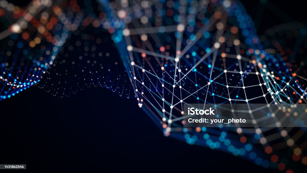 Technology network background concept. Technology network background concept. Global network. Big data and cybersecurity. Transfer and storage of data sets, blockchain. Abstract connected dots and lines network background. 3D illustration. Technology Stock Photo