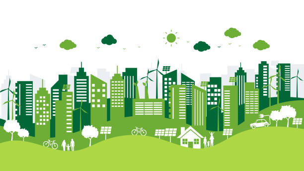 흰색 배경에 녹색 도시가있는 생태와 환경. 재생 가능한 친화적 인 에너지 원. 빌보드 또는 웹 배너에 지속 가능. 보호 세계 개념을 저장합니다. 벡터 일러스트 레이 션 플랫 스타일. - energy saving 이미지 stock illustrations