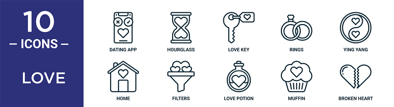 love outline icon set includes thin line dating app, love key, ying yang, filters, muffin, broken heart, home icons for report, presentation, diagram, web design