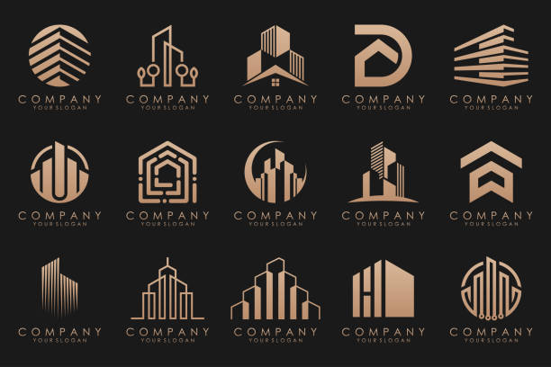 ilustraciones, imágenes clip art, dibujos animados e iconos de stock de conjunto de inspiración de diseño de logotipos de bienes raíces, edificios y construcción - propiedad inmobiliaria comercial