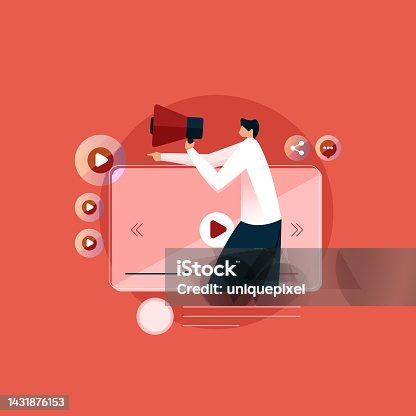 istock Person Standing with Megaphone, Digital Marketing Strategy, Social media Video Marketing Illustration concept 1431876153