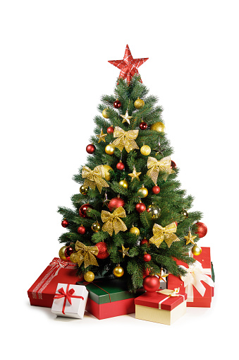 Decorative Christmas Tree and gifts isolated on white background